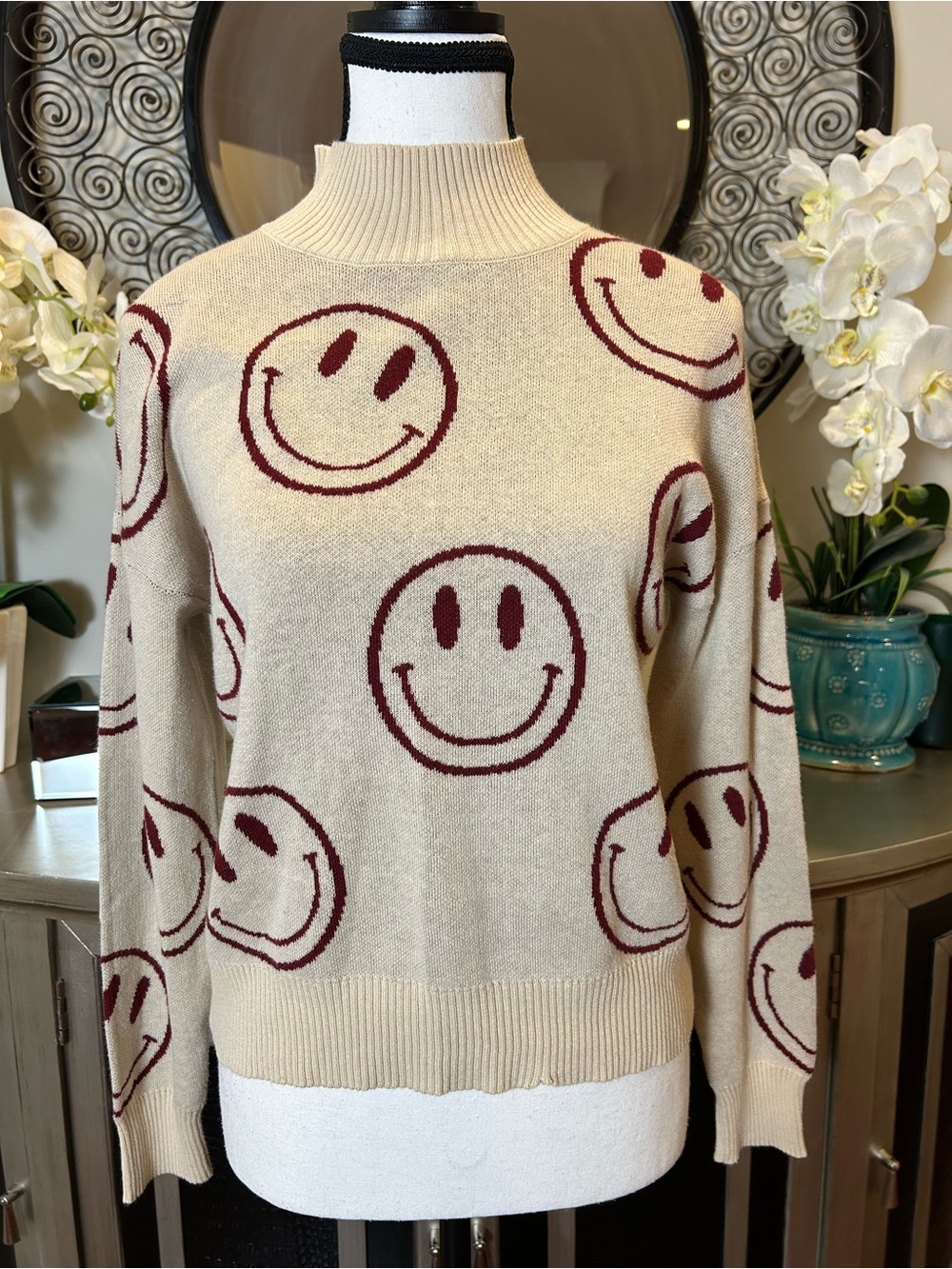 Nikka k Crewneck Smiley Print Turtleneck Sweater - Beige with Burgundy Smiles